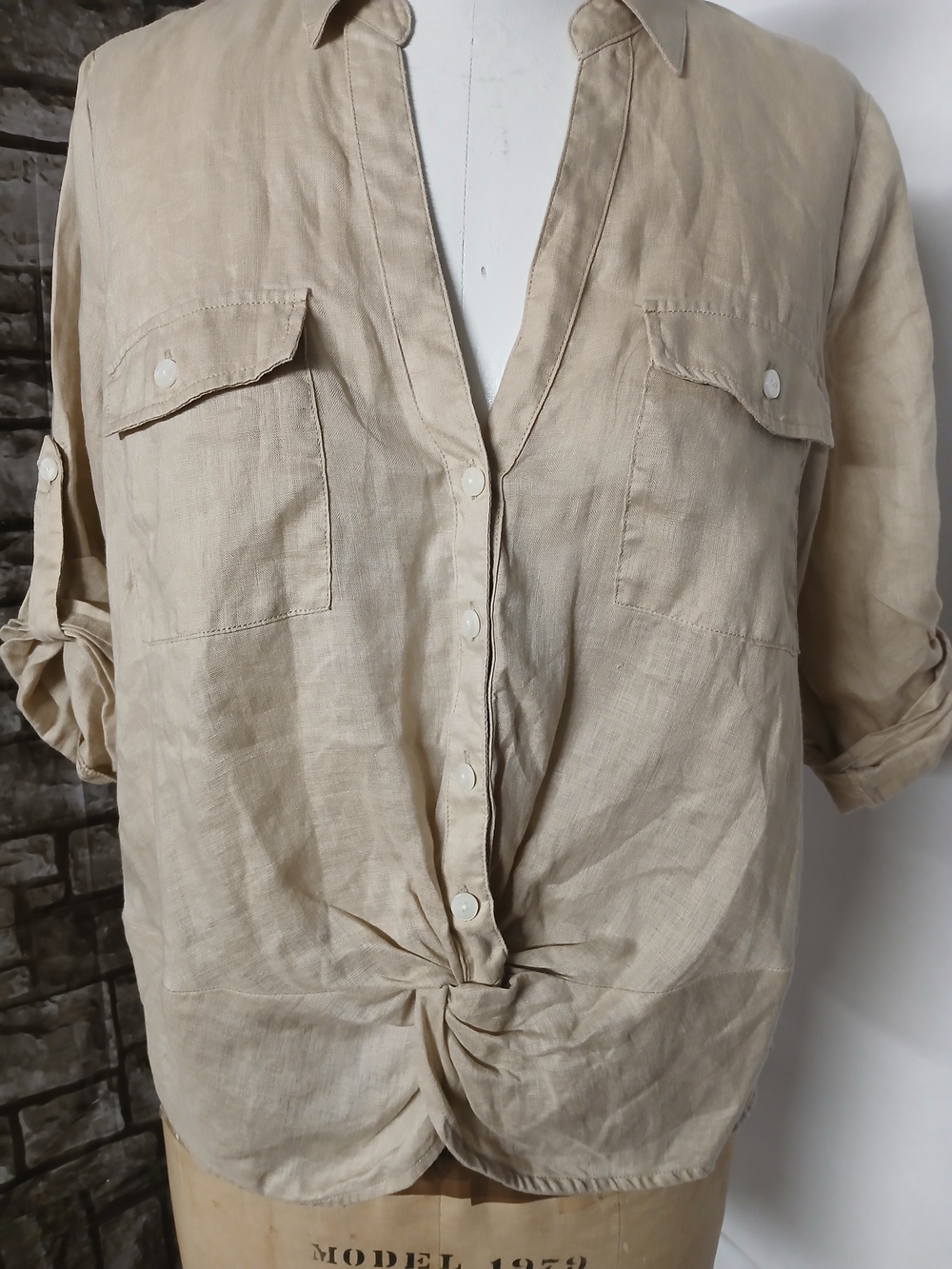 INC International Concepts Beige Linen Button-Down Shirt